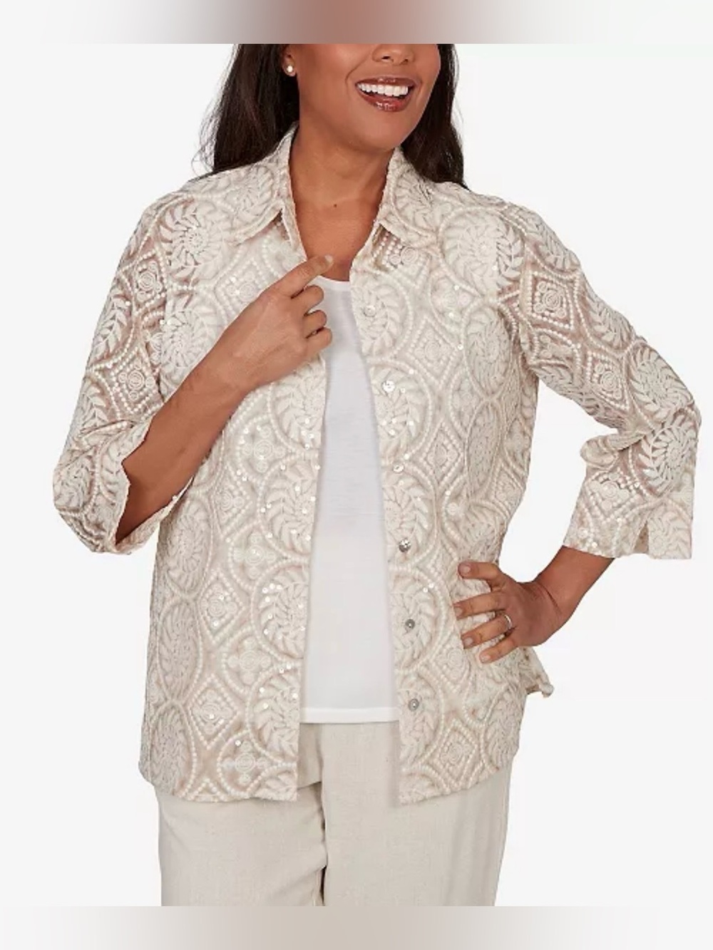Small, it fits like a large.  Embroidered Sequin Shear Top with White Under Tank